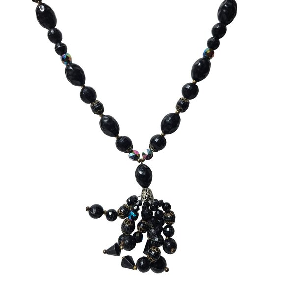 Vintage Black Beaded Tassel Pendant Necklace Unique Jewelry Special Occasions - Picture 1 of 6